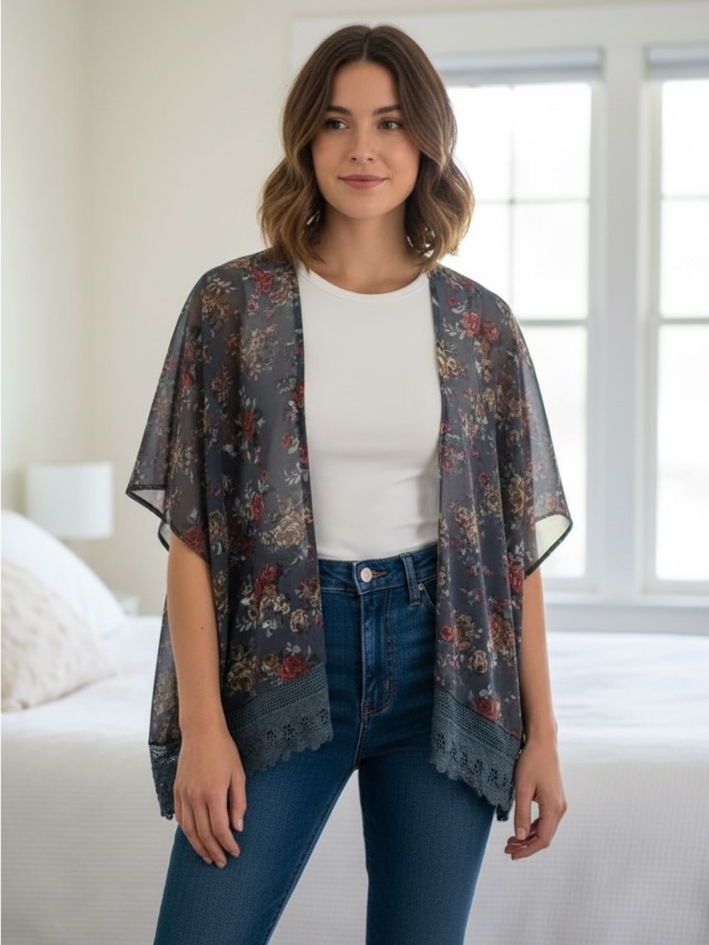 Angie Floral Sheer Kimono in Charcoal and Rust